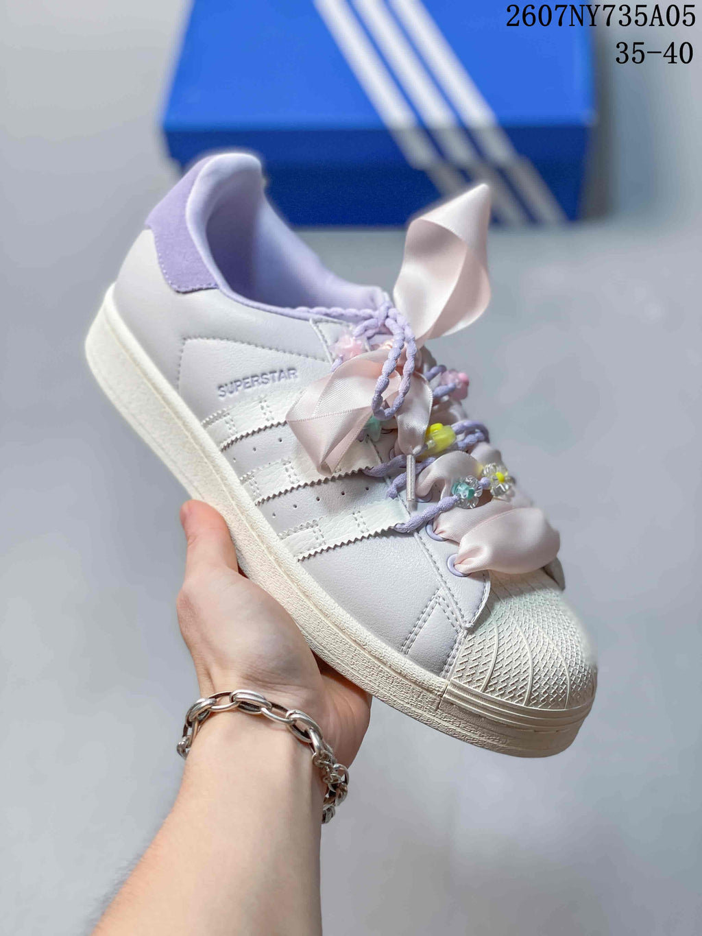 Adidas Superstar Custom White Trainers with Lilac and Pink Details - product image from the listing.