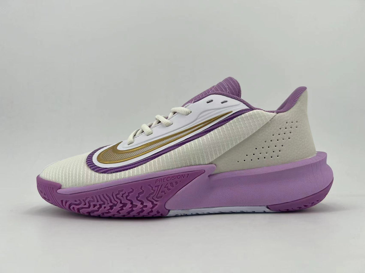 Nike Precision 7 Basketball Shoes in White Purple Gold - product image from the listing.