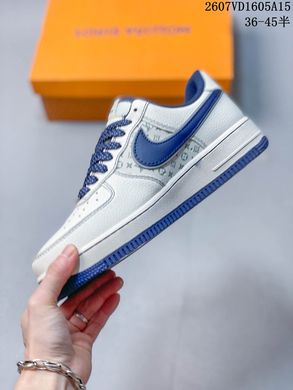 Nike Air Force 1 White Blue Monogram Trainers 2607VD1605A15 - product image from the listing.