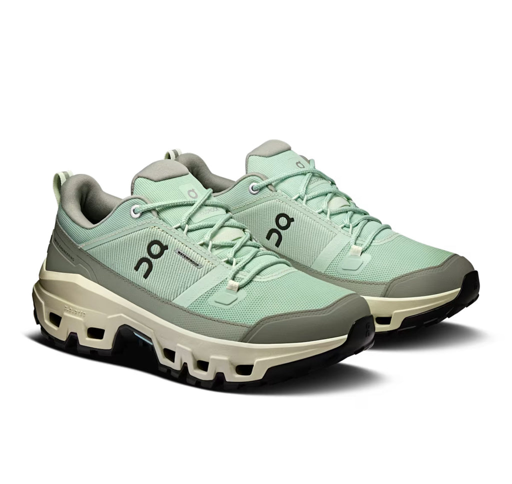 Women's On Cloudrock Low Waterproof Mineral/Aloe Hiking Shoes - product image from the listing.