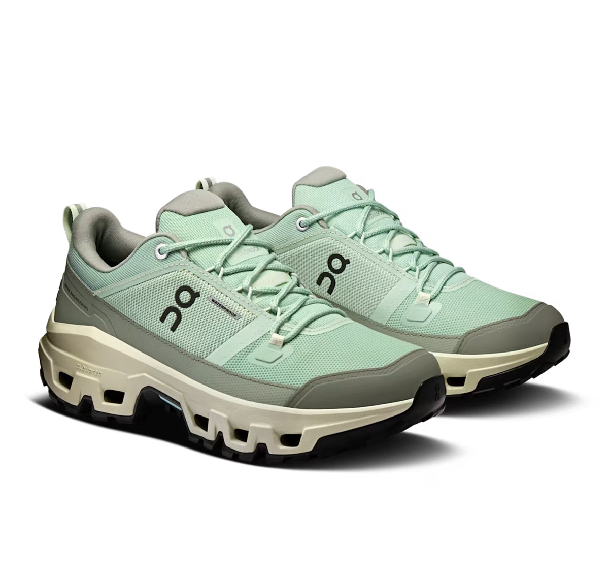 Women's On Cloudrock Low Waterproof Mineral/Aloe Hiking Shoes - product image from the listing.