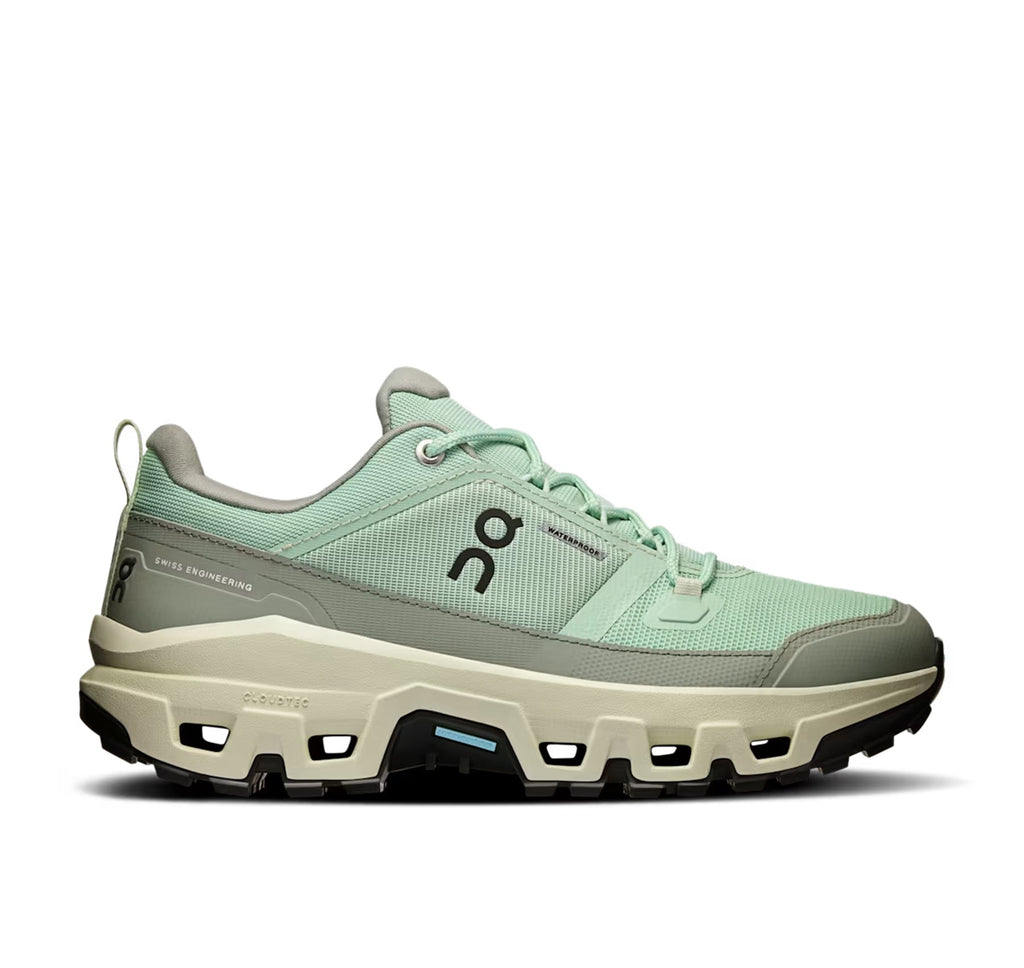 Women's On Cloudrock Low Waterproof Mineral/Aloe Hiking Shoes - product image from the listing.